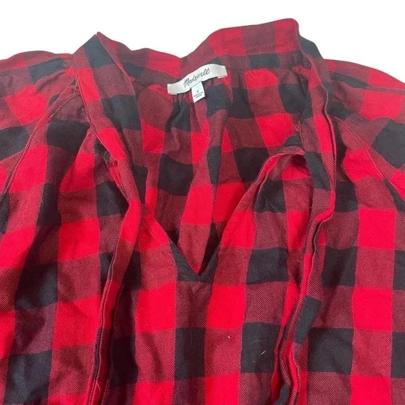 MADEWELL Shirt Women's Red Buffalo Plaid Bow Tie-Neck Blouse Long Sleeve Sz S - Picture 3 of 5